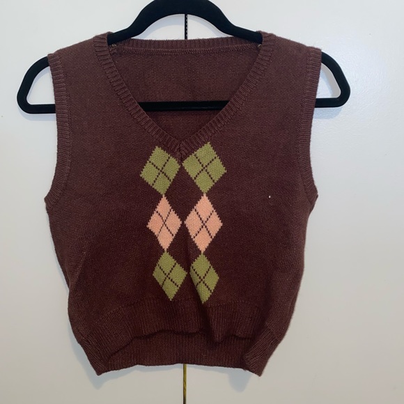 Cropped Brown Pink and Green Sweater Vest - Picture 1 of 2